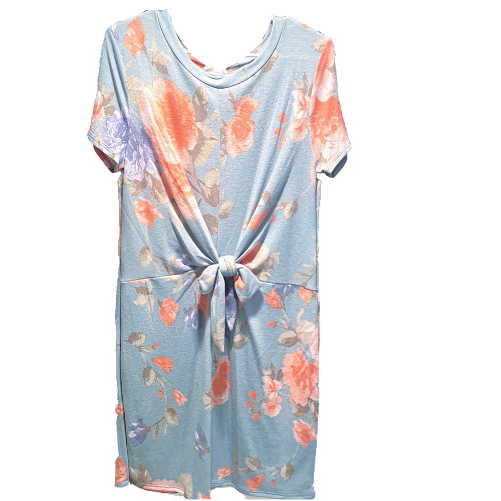 Teal floral t-shirt dress with tie front